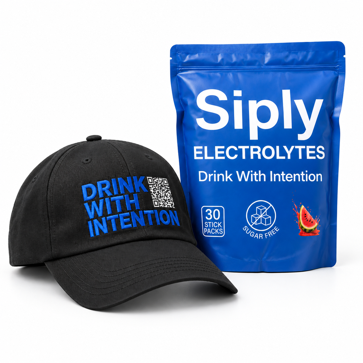 Siply Cap + Bag Bundle: black Drink With Intention cap beside a bag of Siply Electrolytes