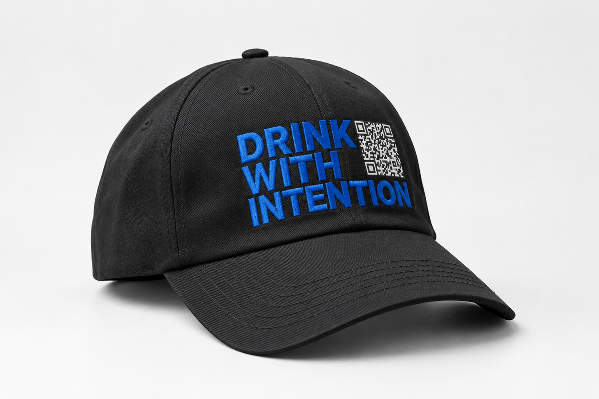 Siply black organic cotton dad cap with embroidered Drink With Intention and QR code
