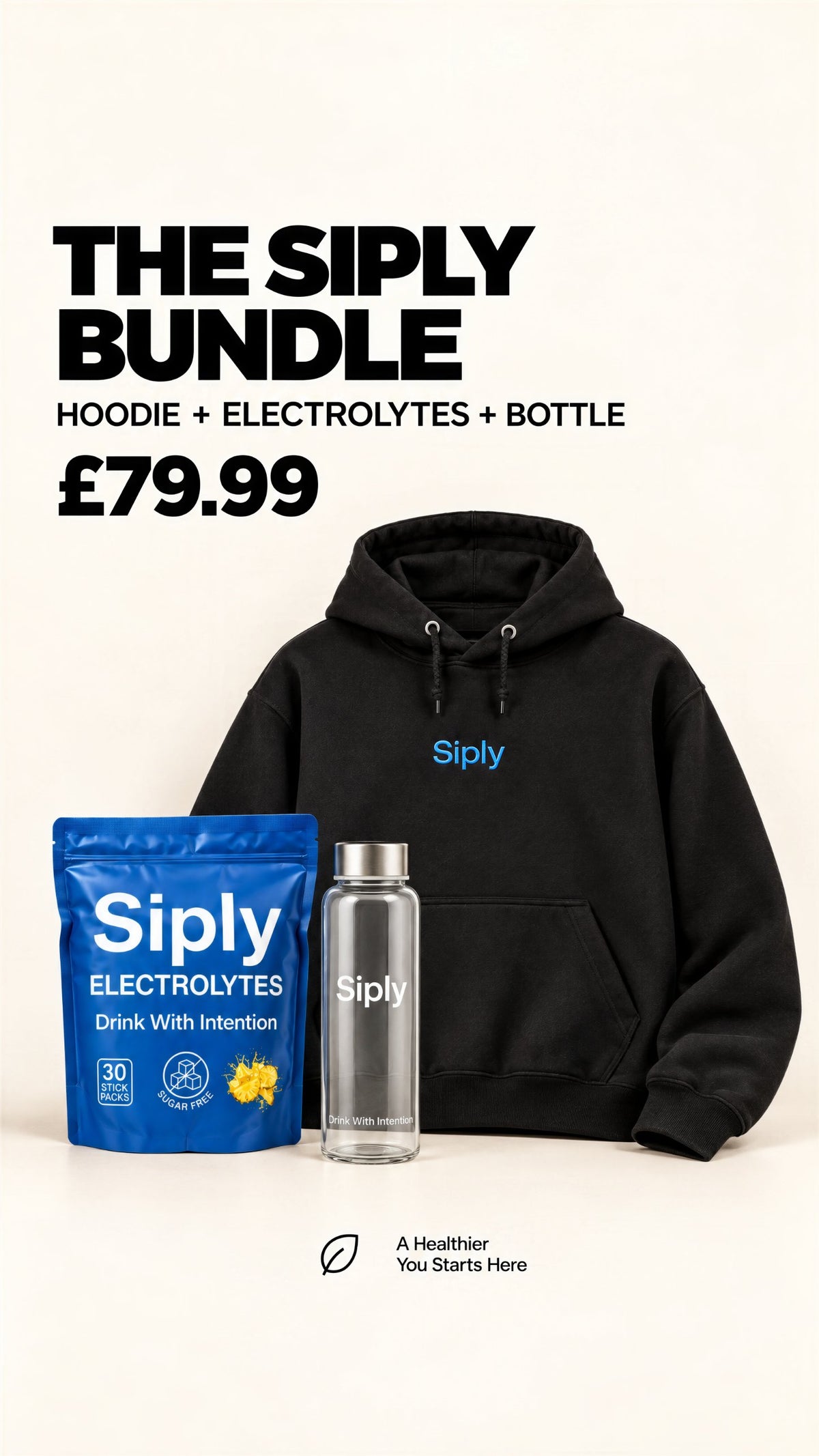 Siply Winter Kit: black hoodie, 30-pack of electrolytes and glass bottle, £79.99